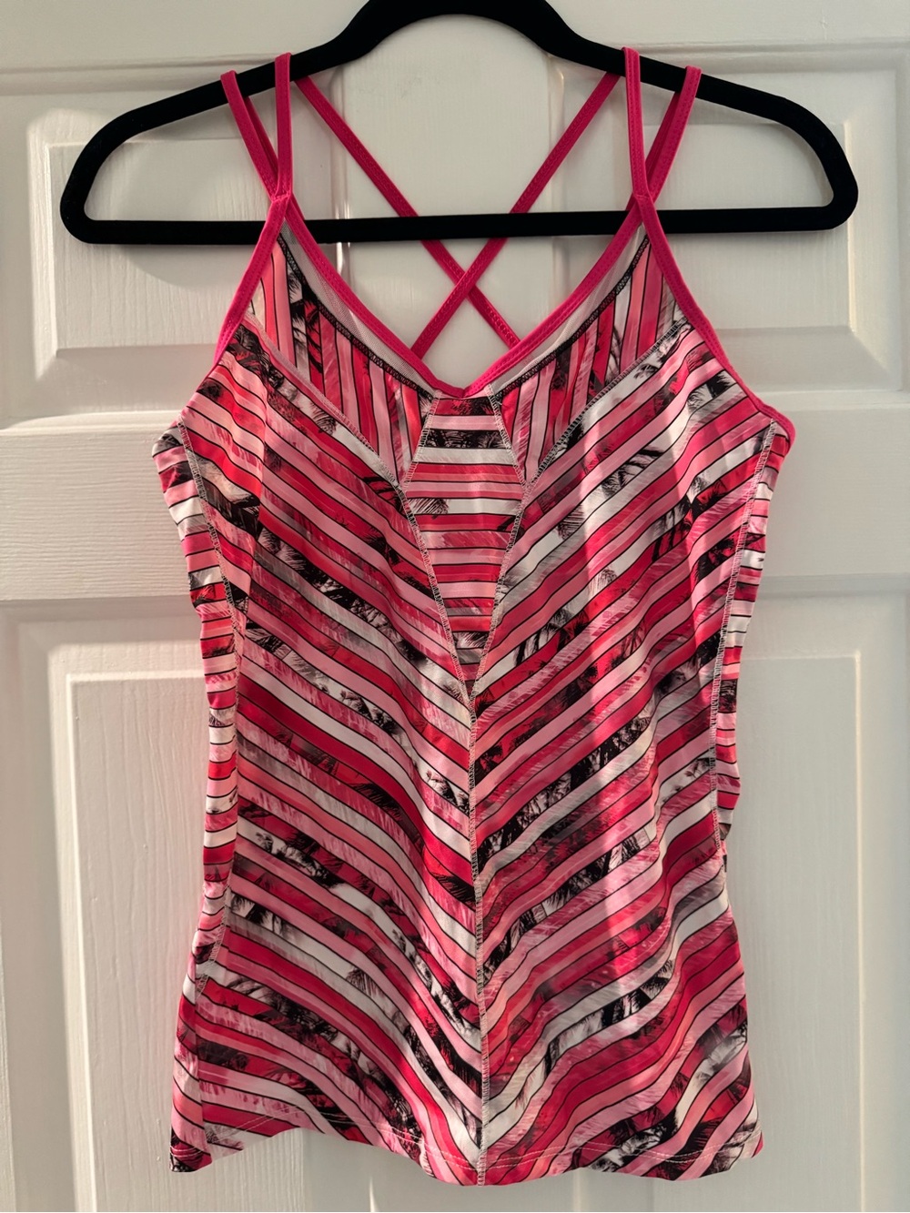 Lucky in Love Pink Strappy Sports Tank with Diagonal Stripe Detail